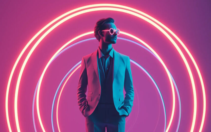 Eine Person im Anzug und mit Sonnenbrille steht mit den Händen in den Taschen vor leuchtenden Neonringen auf einem pinkfarbenen und violetten Hintergrund, der an das selbstbewusste Auftreten einer agentenbasierten KI erinnert.