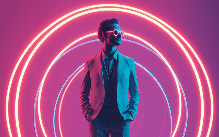 Eine Person in Anzug und Sonnenbrille steht selbstbewusst vor leuchtenden runden Neonlichtern, ihre Präsenz ist so auffällig wie eine Kreation der generativen KI, mit einem leuchtend rosa und violetten Hintergrund.