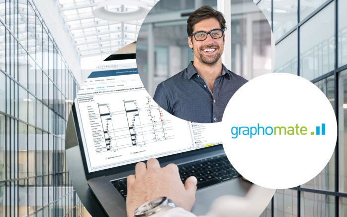 Headerbild zur Pressemitteilung von der valantic - graphomate Partnerschaft bestehend aus dem graphomate Logo, einem lachenden Mann und eine Visualisierung von graphomate