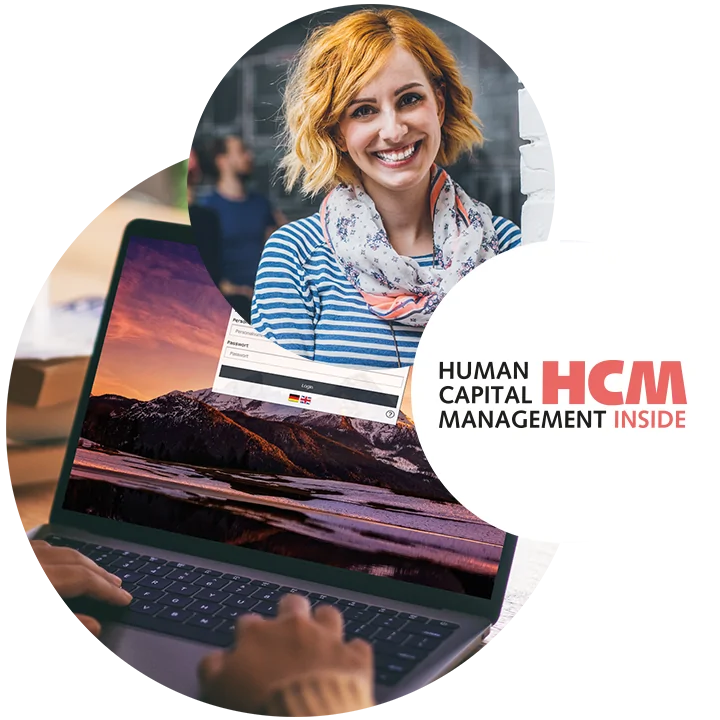 Bild von einer lachenden Frau, daneben HCM Inside Logo und dahinter Bild von einem Laptop, valantic HCM