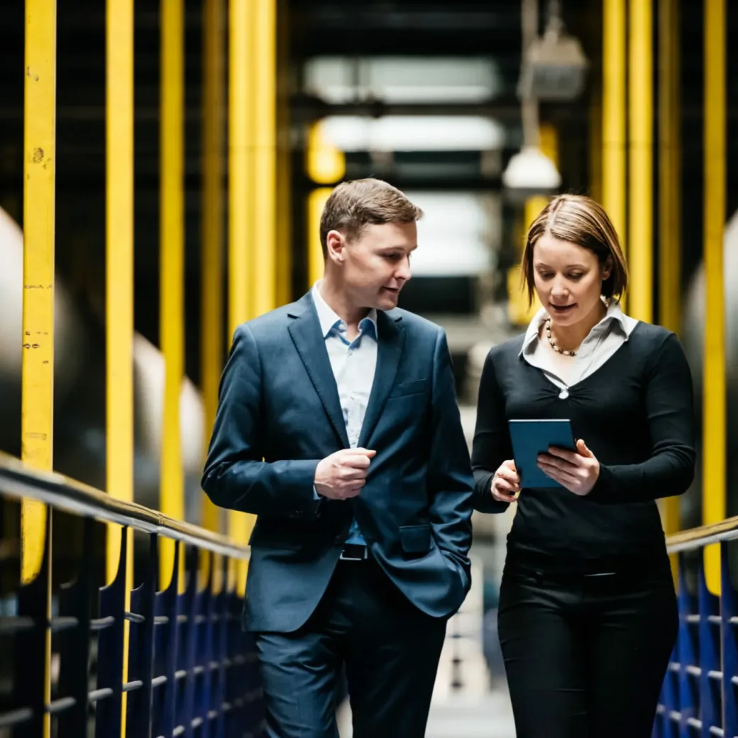 Two business people walk through production hall looking at a tablet