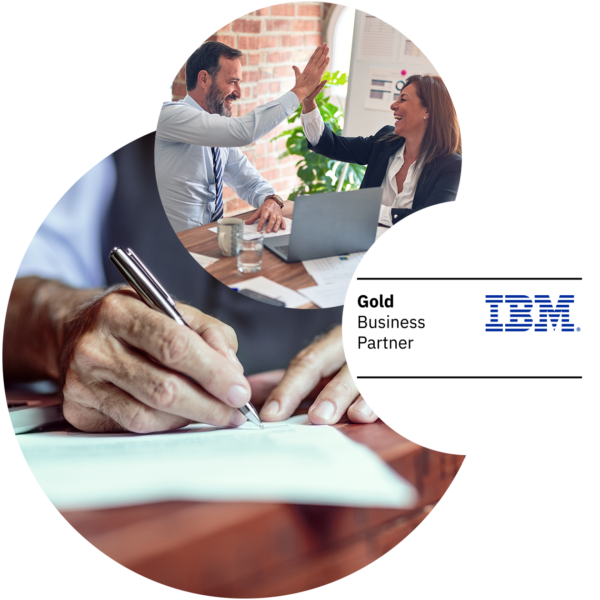 Three images in the form of circles on which the logo for the IBM Gold Business Partnership, two laughing people high-fiving each other and a man signing a contract can be seen.