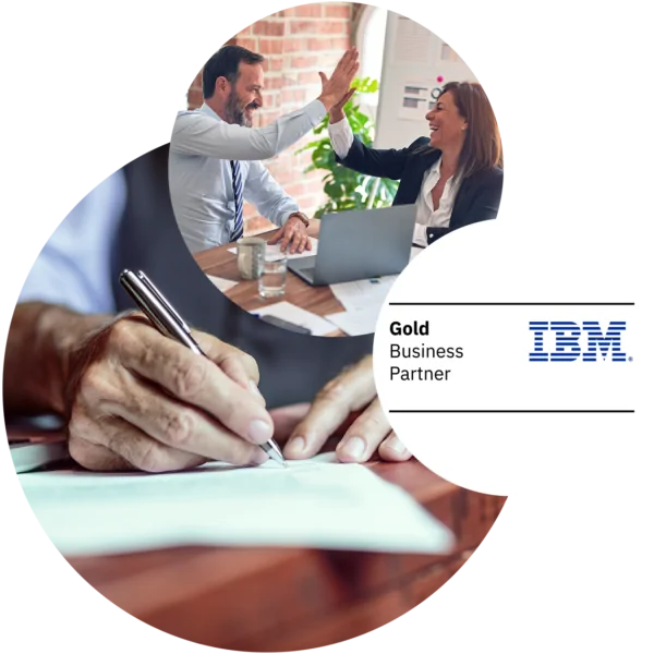 Drei Bilder in Form von Kreisen auf der das Logo zur IBM Gold Business Partnerschaft, zwei lachende Menschen, die sich abklatschen sowie ein Mann, der einen Vertrag unterschreibt, zu sehen ist.