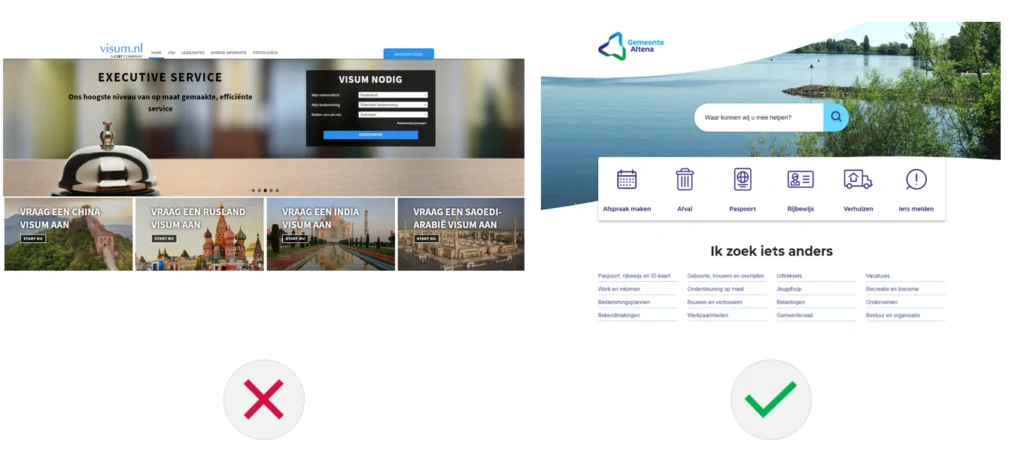 Voorbeeld van het gebruik van te veel visuele ondersteuning bij content op een website