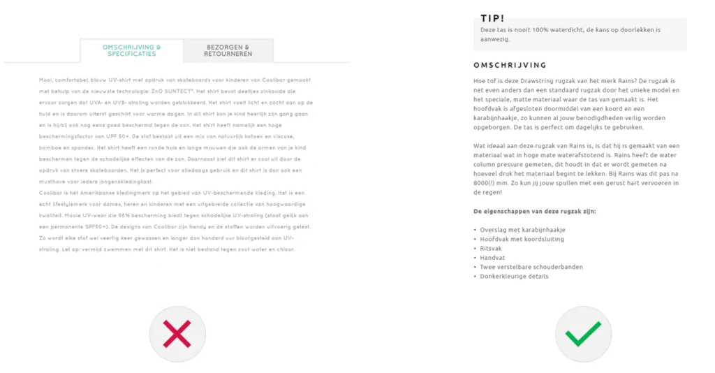 Voorbeeld van teksten op 2 verschillende websites die wel en niet goed leesbaar zijn