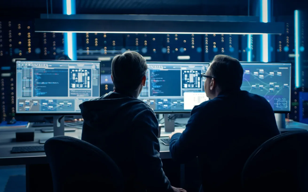 Picture of two IT programmers, data center with server racks, IT security and data protection