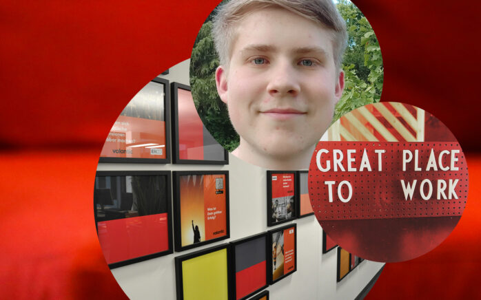 Picture of a laughing young man with dog, next to it a picture with the inscription "Great Place to Work" and behind it a picture of a picture wall and a close-up of a red couch, students at valantic