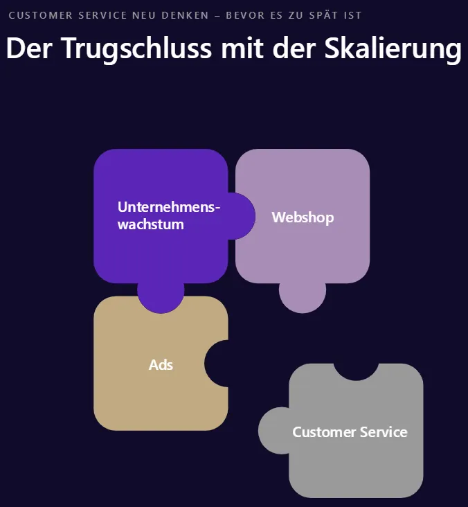 Vier Puzzleteile zeigen, dass Unternehmenswachstum, Webshop und Ads zusammenpassen – das Puzzleteil ‚Customer Service‘ fehlt bzw. bleibt unverbunden.