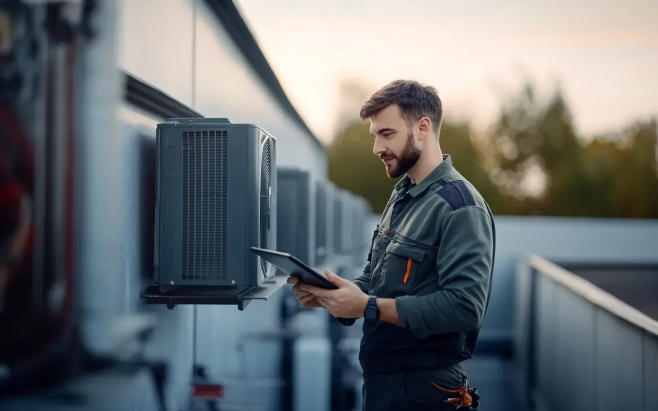 Male HVAC technician inspecting AC