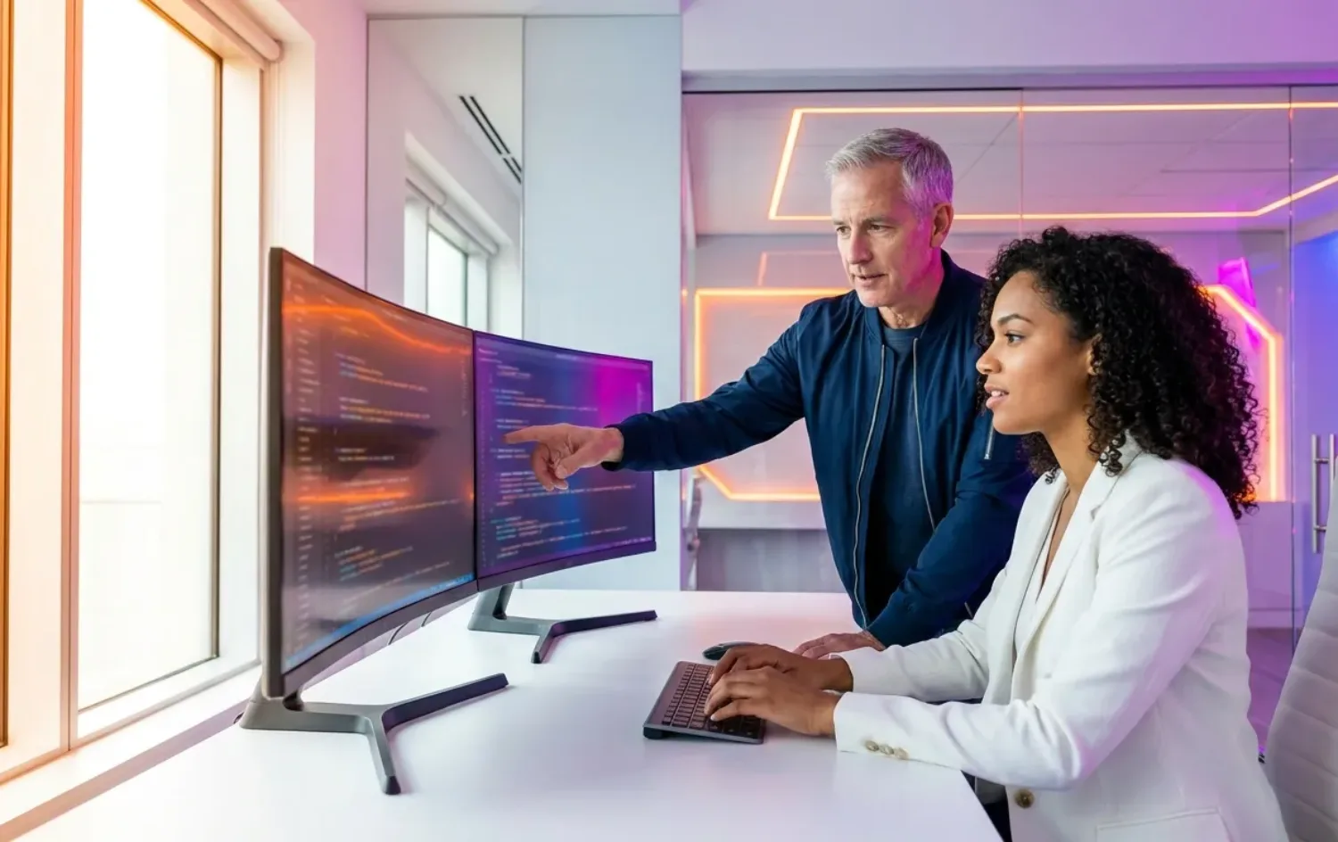 Man and woman review code on curved monitors in a modern neon-lit office