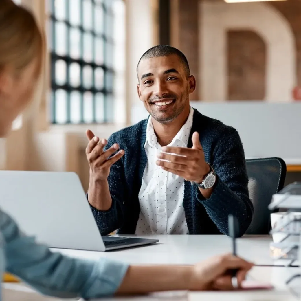 man and woman talking