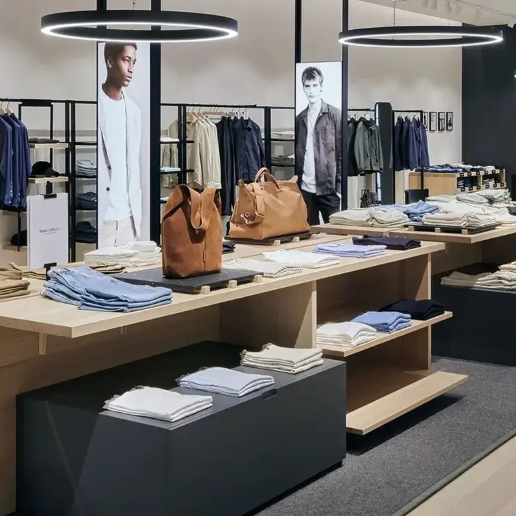 A wide-angle view of a brightly lit, minimalist Marc O'Polo clothing store featuring light wood display tables, neatly folded apparel, and organized racks of men's fashion under circular pendant lights.