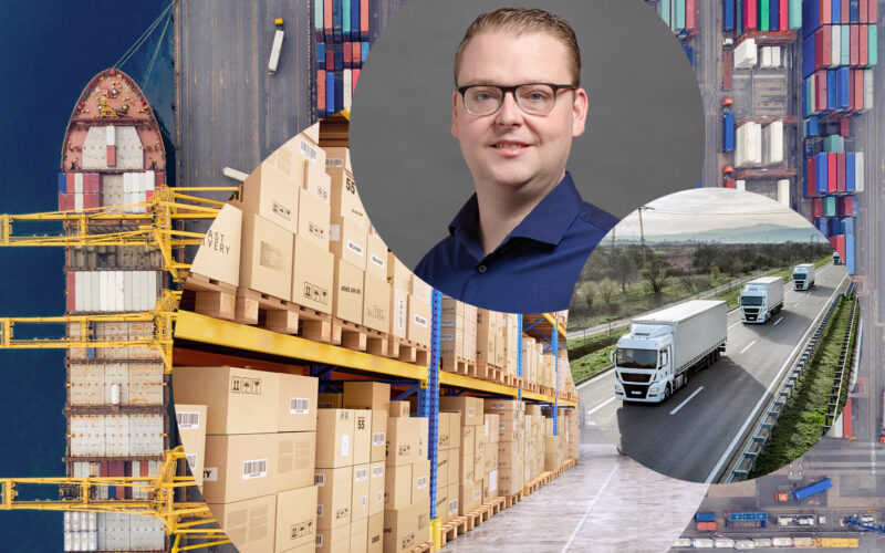Portrait of Markus Hoff, Senior Consultant in the field of logistics management at valantic, in the background a warehouse and an industrial port