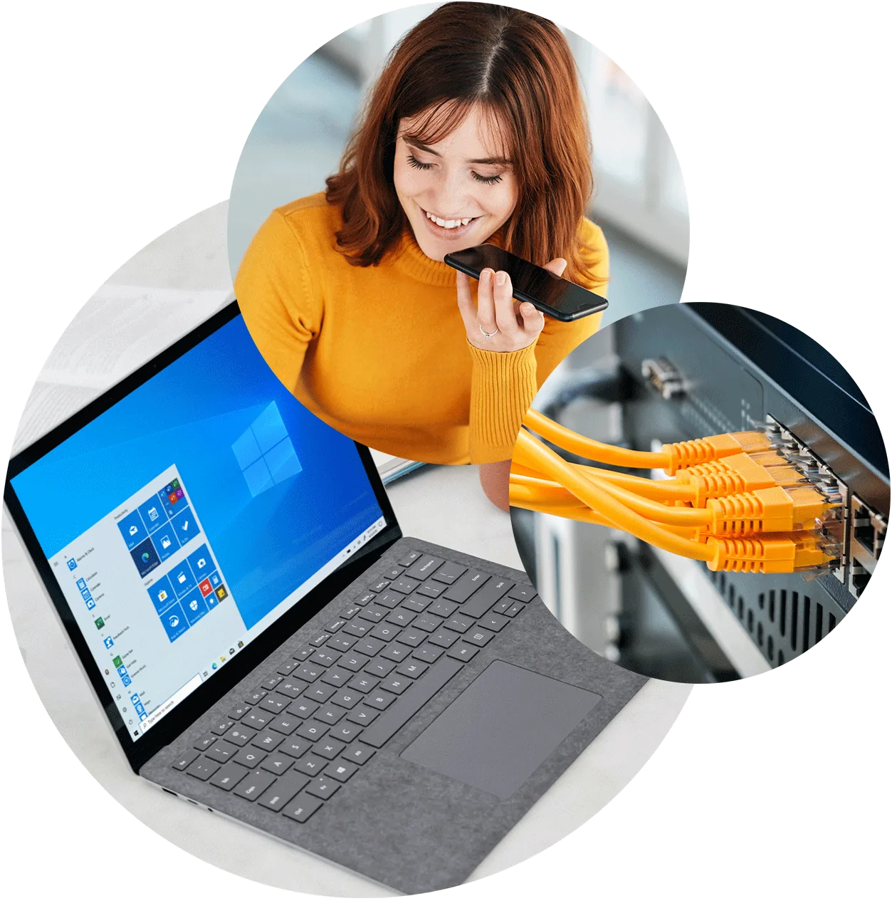Dreiklang der Microsoft Power BI Leistungsseite bestehend aus drei runden Bildern. Auf dem ersten ist ein Laptop, auf dem zweiten eine Frau im orangen Pullover, die telefoniert und auf dem dritten ein oranges Netzwerkkabel.