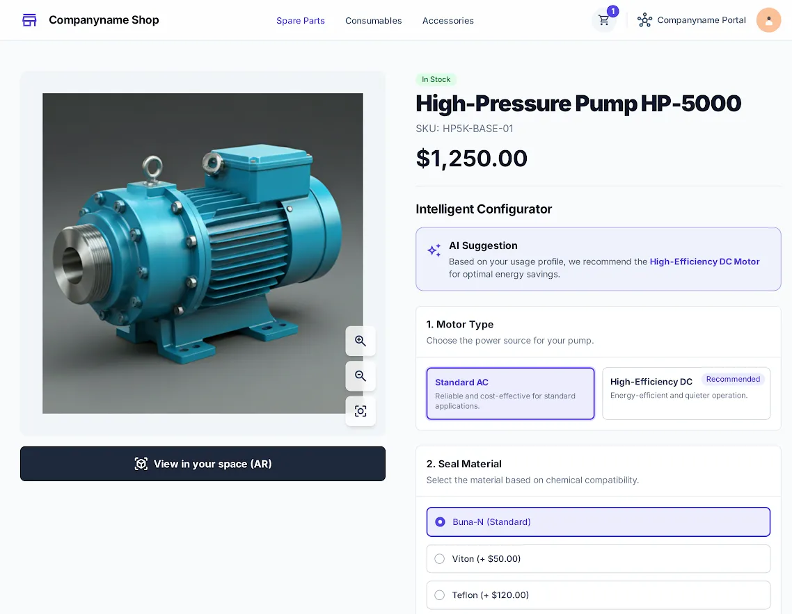 Produktkonfiguratoren in einem Online-Shop: Darstellung einer Hochdruckpumpe mit detailreichen Auswahloptionen wie Motor-Typ und Dichtungsmaterial sowie einer KI-basierten Produktempfehlung.