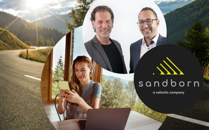Picture of Dieter Dragon, Shahin Khazanbeik, next to it the logo of sandborn digital – a valantic company and a woman, that types on her smartphone
