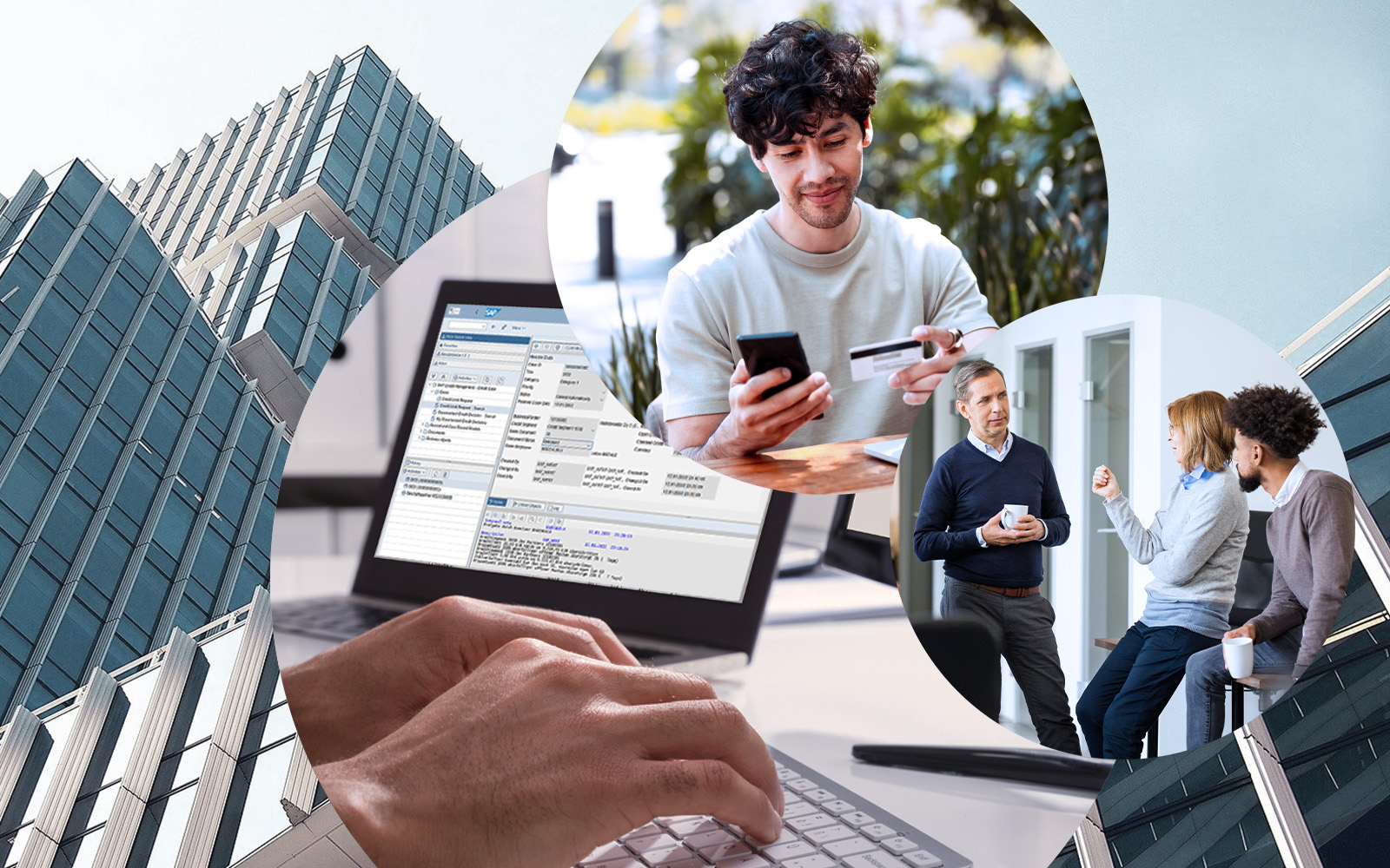 Image of people in a conversation, person with cell phone and credit card in hand, next to it person typing on a laptop, SAP Credit Management