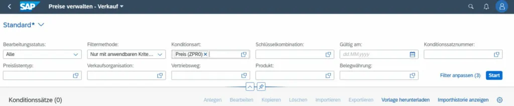 Selektionsmaske Konditionsart SAP Fiori App: Massenpreispflege