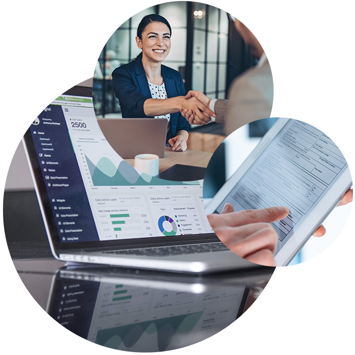 Picture of two people shaking hands, in the background in tablet with a form and a laptop, SAP Services digital personnel record by valantic
