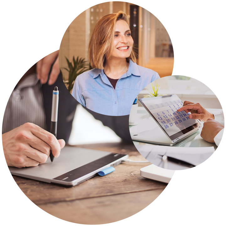 Picture of a smiling woman, next to it a tablet with calendar screen and a smart pad on which people are signing; SAP Services contract management by valantic