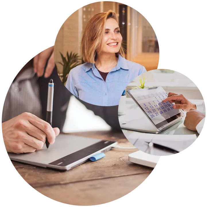Bild einer lächelnden Frau, daneben ein Tablet mit Kalenderansicht und ein Smart Pad, auf dem gerade unterschrieben wird; SAP Services Vertragsmanagement mit valantic