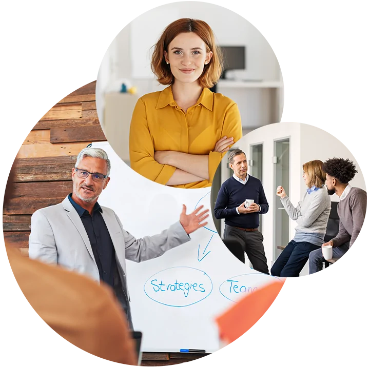 SAP SuccessFactors na valantic, Imagem de uma senhora sorridente, proximo a uma imagem de várias pessoas a falar e um homem a dar uma aula