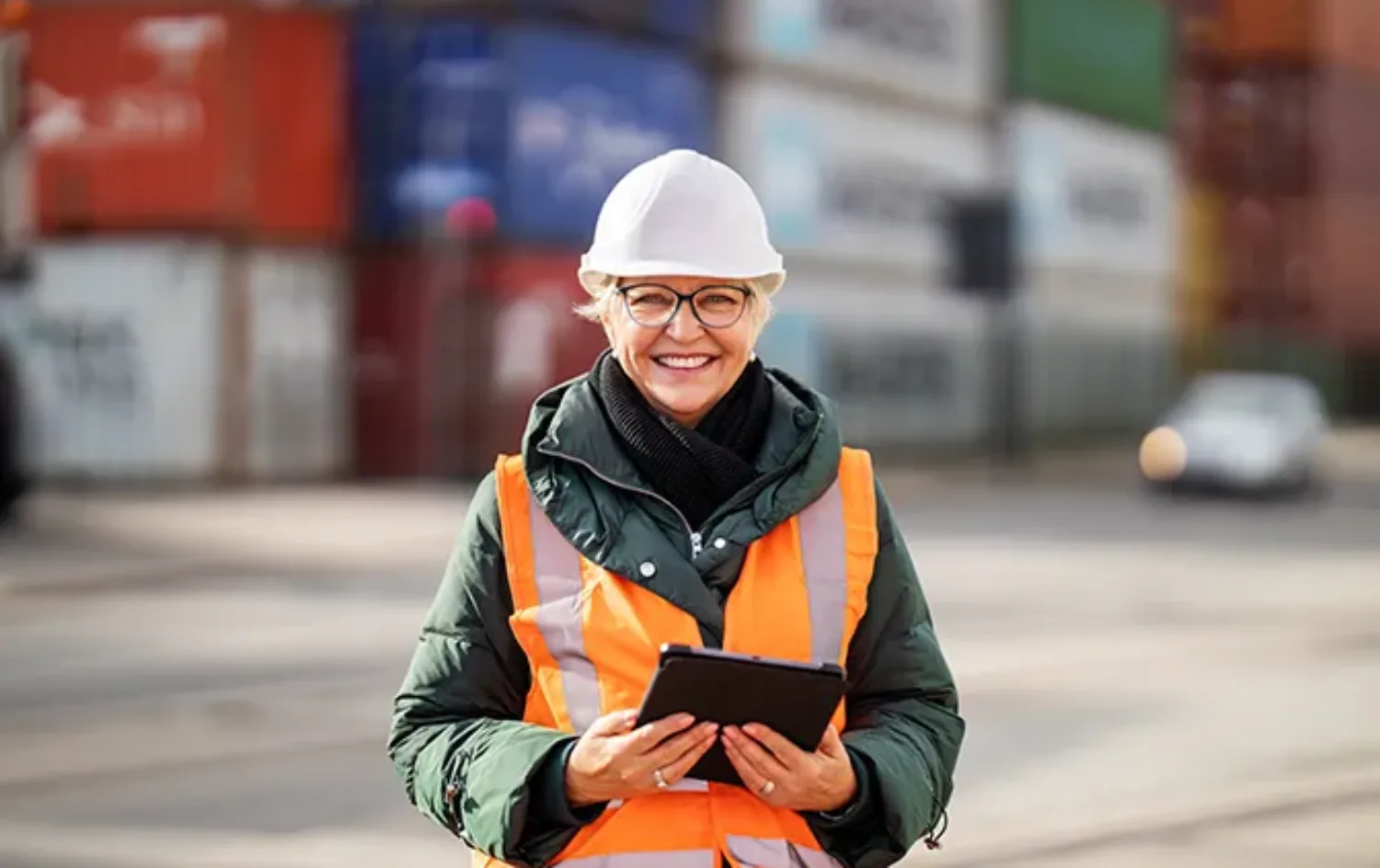 woman in work clothes holding mobile device smiling