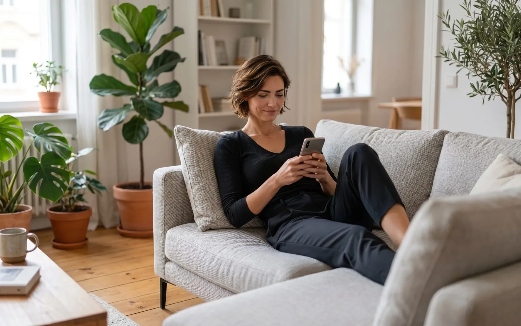 Social Media Marketing - Frau sitzt auf Couch und schaut in ihr Smartphone