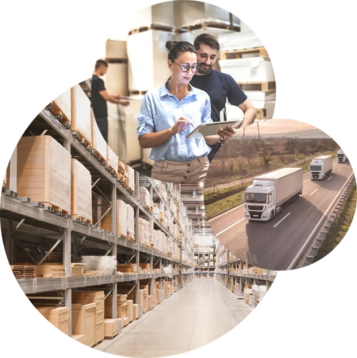 Picture of two people with a tablet in a warehouse, next to it a picture of trucks on a road and behind it a picture of a warehouse, Connected Chain Manager from valantic