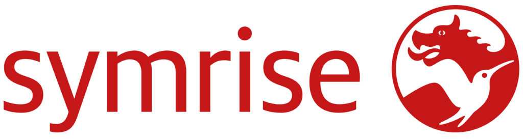 Rotes "symrise"-Textlogo mit einem kreisförmigen Emblem auf der rechten Seite, das einen stilisierten Tierkopf und einen Vogel zeigt und das Engagement des Unternehmens für den Schutz und die Reaktion auf Vorfälle symbolisiert.