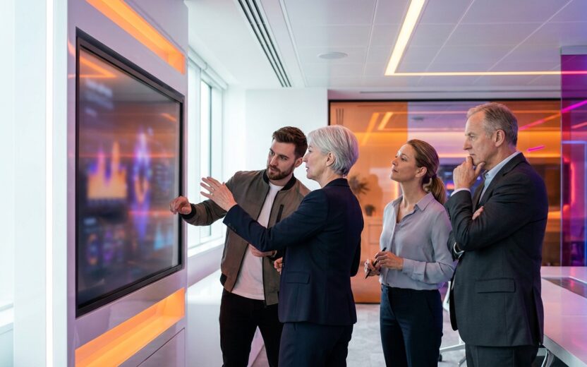 Team of four professionals discuss data on a wall-mounted screen in a modern office