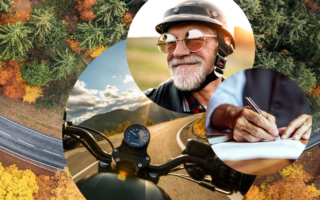 Bild eines Motorradfahrers, daneben Bild von einem Motorrad und dahinter Bild von einer Straße im Wald, valantic Versicherungsbranche