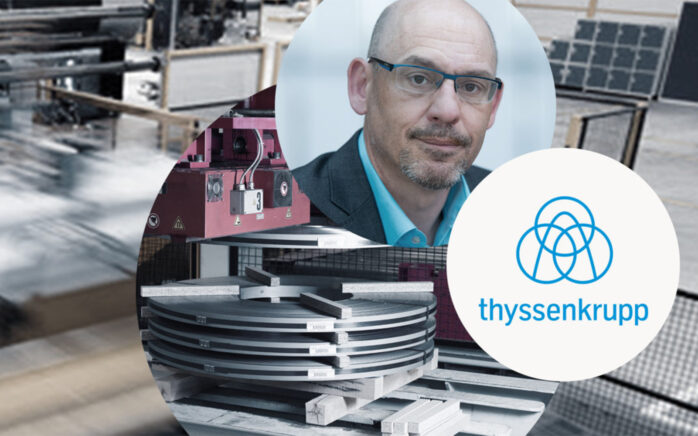 thyssenkrupp Logo, Bild vom Head of SCM von thyssenkrupp und zwei Bilder von Maschinen, valantic Case Study thyssenkrupp