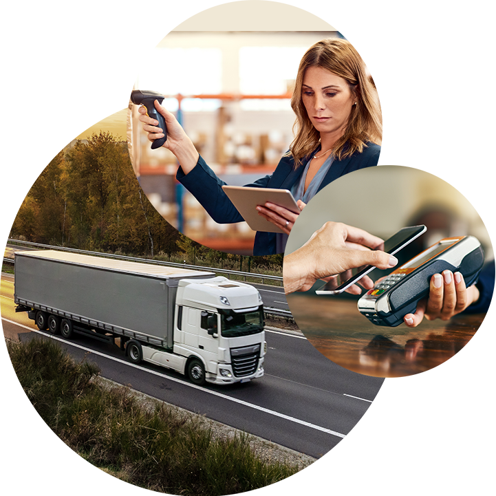 Three circles with images of contactless payment, image with tablet and scanner in storage room, truck on road | Digital procurement record