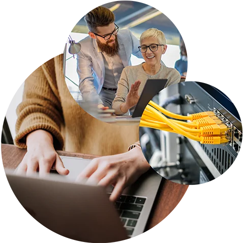 Dreiklang: drei Kreise mit Bildern von lachenden Geschäftsleuten, Kabeln an Laptop, Person vor Laptop | Auftragsdatenverarbeitung in SAP