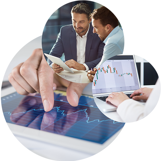 Dreiklang: drei Kreise mit Bildern von lachenden Geschäftsleuten mit Blick auf Tablet & zwei Bildschirmen mit Finanzverläufen | Beteiligungsmanagement in SAP