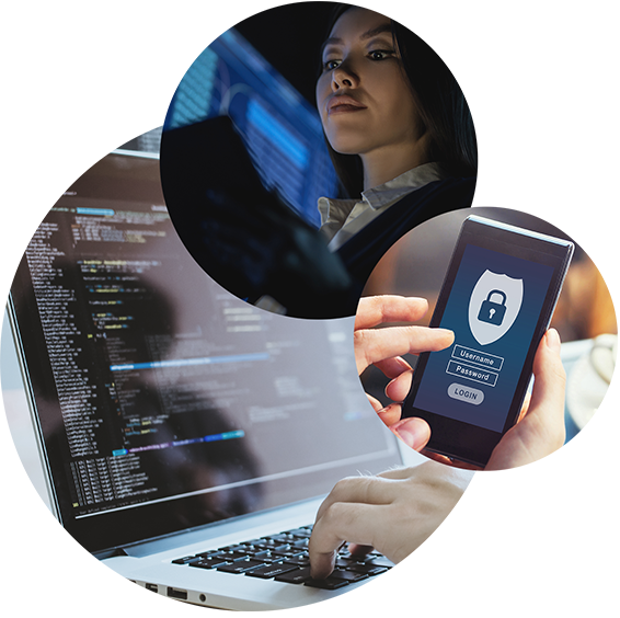 Dreiklang: drei Kreise mit Bildern von Geschäftsfrau vor Tablet, sichere Login-Seite auf Handybildschirm, Laptopdesktop mit Codes | Datenschutzmanagement in SAP