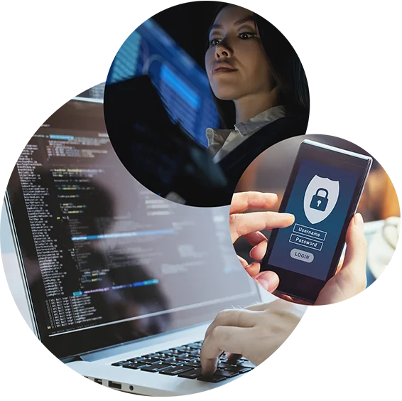Dreiklang: drei Kreise mit Bildern von Geschäftsfrau vor Tablet, sichere Login-Seite auf Handybildschirm, Laptopdesktop mit Codes | Datenschutzmanagement in SAP