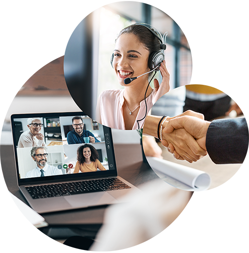 Dreiklang: drei Kreise mit Bildern von telefonierender Geschäftsfrau, Bildschirm mit Meeting, Handschlag | Digitale Kundenakte in SAP