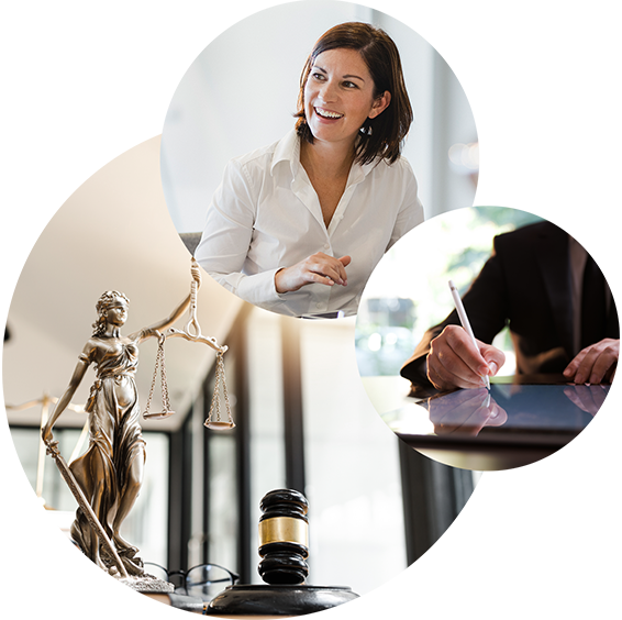 Dreiklang: drei Kreise mit Bildern von lächelnder Geschäftsfrau, Anwaltstisch, digitaler Signatur auf Tablet | Digitale Rechtsakte in SAP