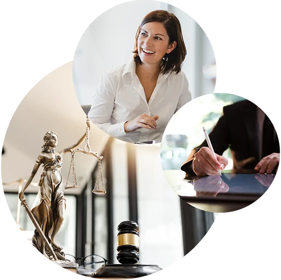Dreiklang: drei Kreise mit Bildern von lächelnder Geschäftsfrau, Anwaltstisch, digitaler Signatur auf Tablet | Digitale Rechtsakte in SAP