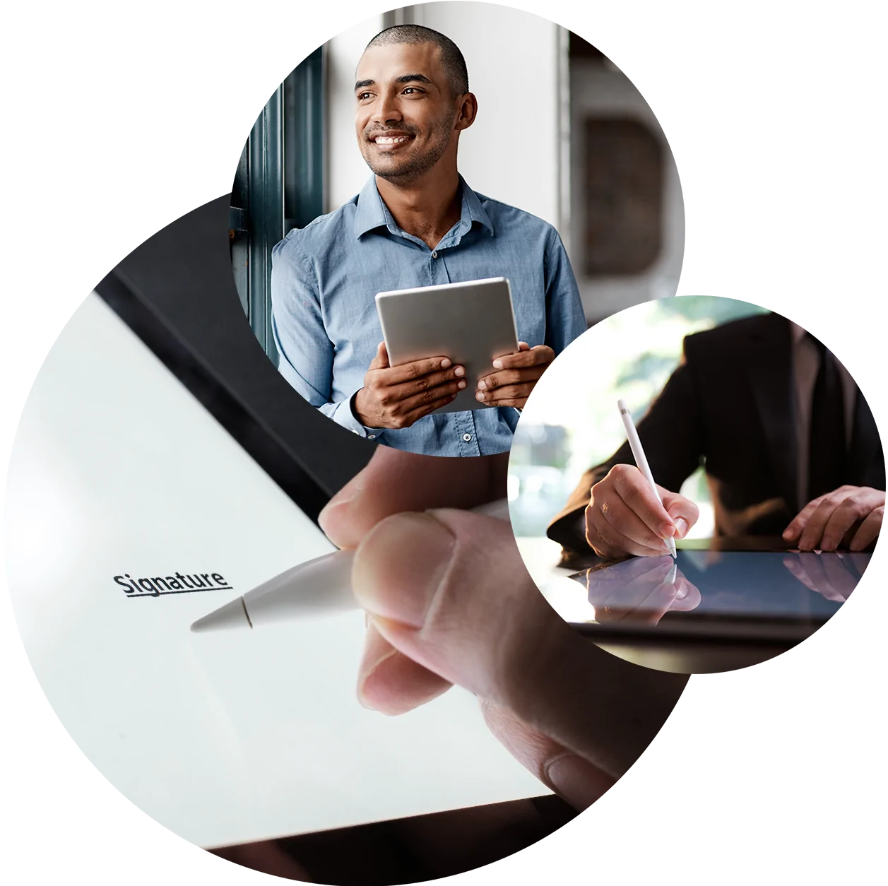 Dreiklang: drei runde Bilder von lächelndem Geschäftsmann mit Tablet in der Hand, digitaler Unterschrift | Digitale Unterschrift in SAP