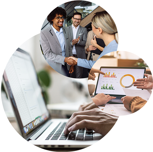 Dreiklang: drei Kreise mit Bildern von handschüttelnden Geschäftsleuten, Bildschirm mit Diagrammen, Laptoptastatur | SAP Vertragsmanagement für IFRS 15 & IFRS 16