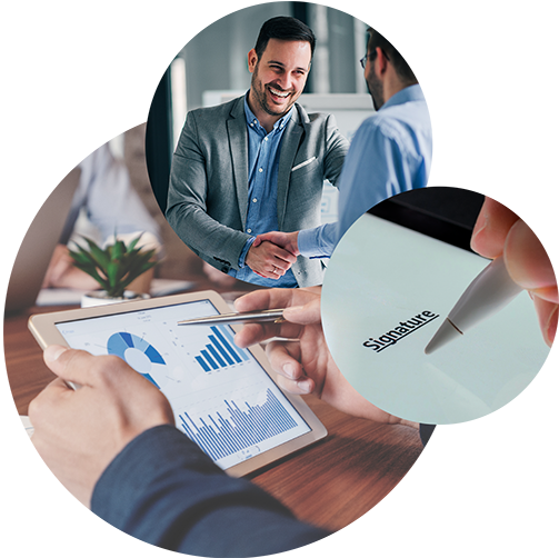 Triad: three circles with pictures of two businessmen shaking hands, digital signature and tablet screen with diagrams & graphs | Leasing contract management in SAP