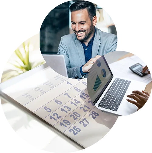 Drei Kreise mit Bildern von Geschäftsmann vor Laptop, Tablet mit Kalender, Laptop mit Finanzverläufen | Asset- & Lizenzmanagement in SAP
