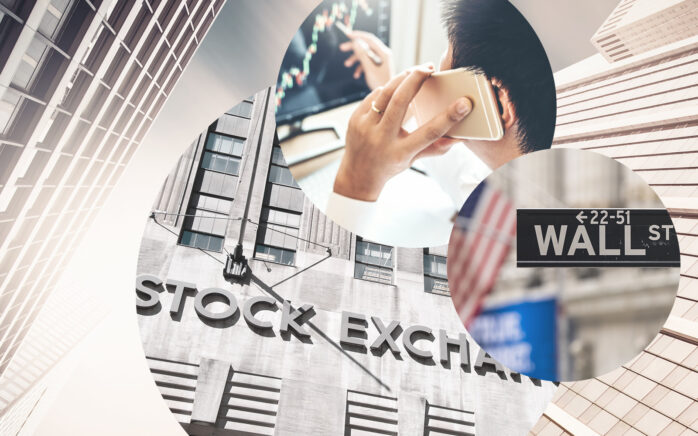 Bild eines Mannes, der telefoniert und dabei auf einen Bildschirm schaut, daneben ein Straßenschild der Wallstreet sowie das Stock Exchange Gebäude, dahinter Fassaden von Wolkenkratzern in Manhattan, valantic Financial Services Automation