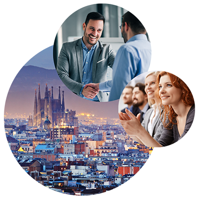 Image of people applauding next to an image of the skyline of Barcelona; valantic at SAP Sapphire 2023