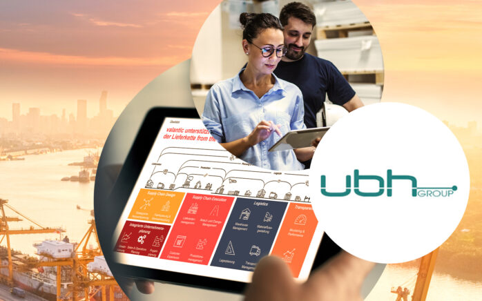 Image of two people in a warehouse, including the image of a tablet, in the background an industrial port with containers and cranes, valantic Supply Chain Excellence, strategic partnership with ubh