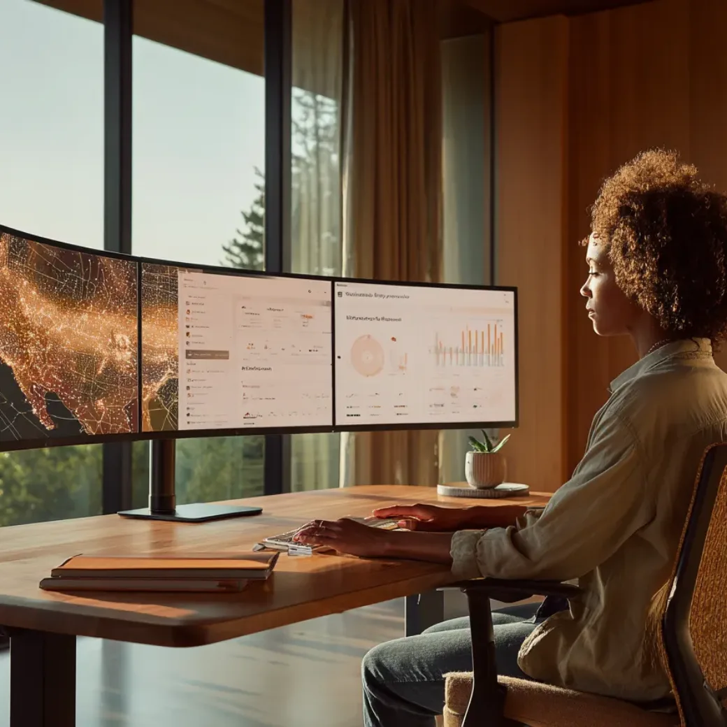 Einkaufsleiterin analysiert an gebogenen Monitoren Lieferkettenkarte und Risiko-Dashboards – KRITIS-Dachgesetz im Einkauf.