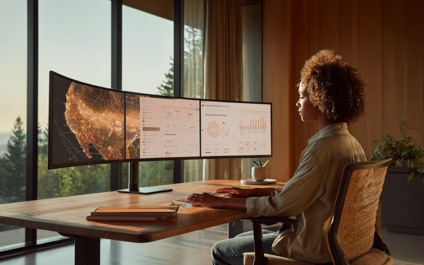 Einkaufsleiterin analysiert an gebogenen Monitoren Lieferkettenkarte und Risiko-Dashboards – KRITIS-Dachgesetz im Einkauf.